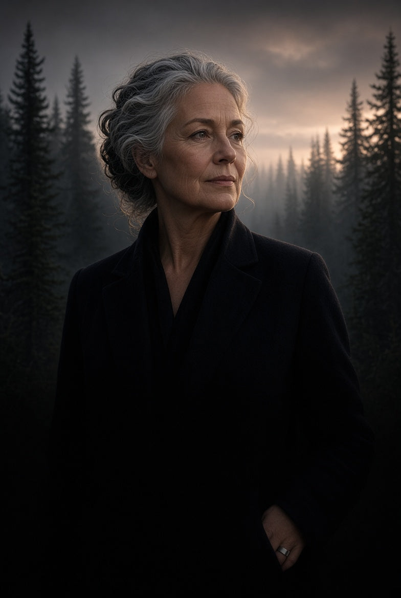 An older woman outdoors at dusk