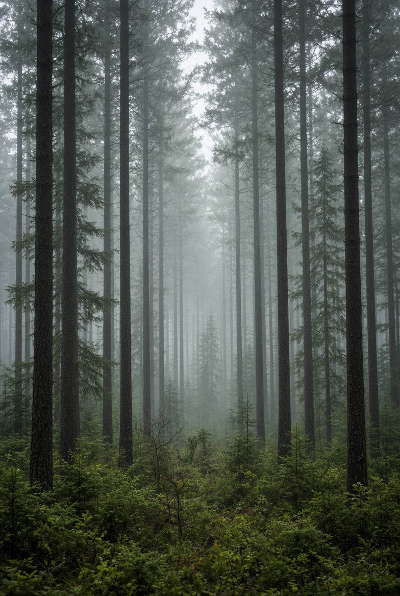 Canada's boreal forest, tall evergreen pines in soft northern light