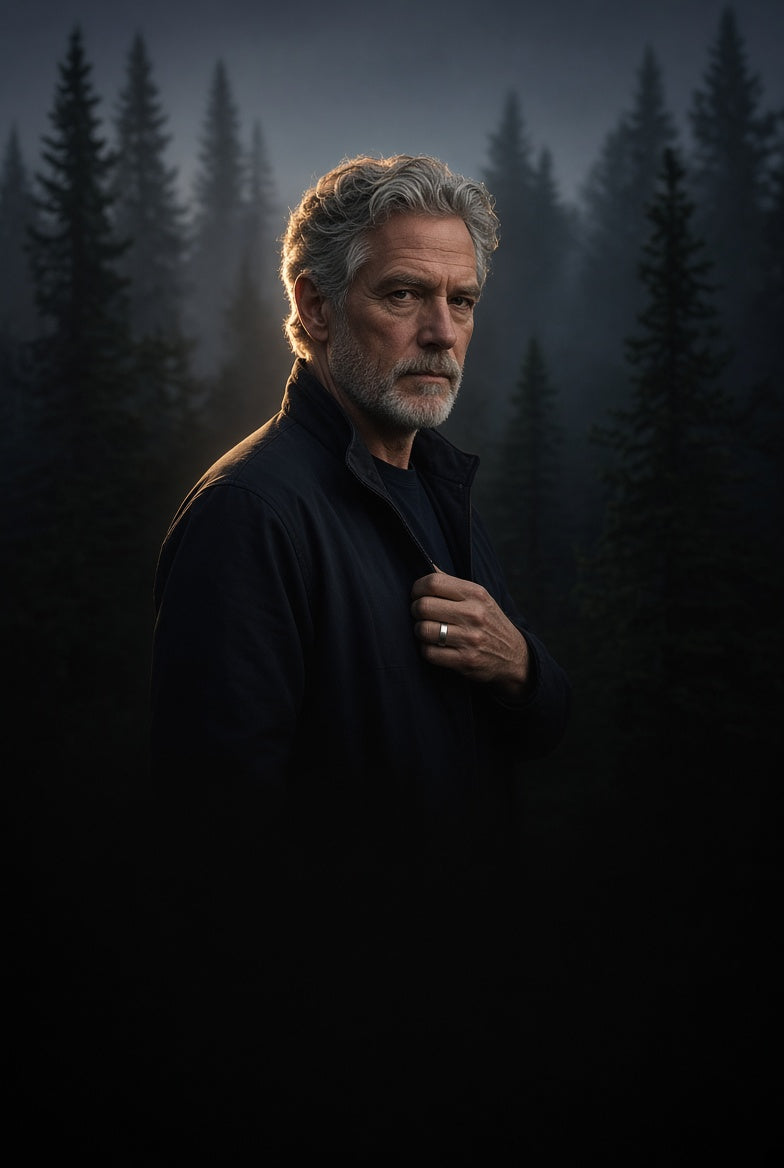 An older man outdoors at dusk